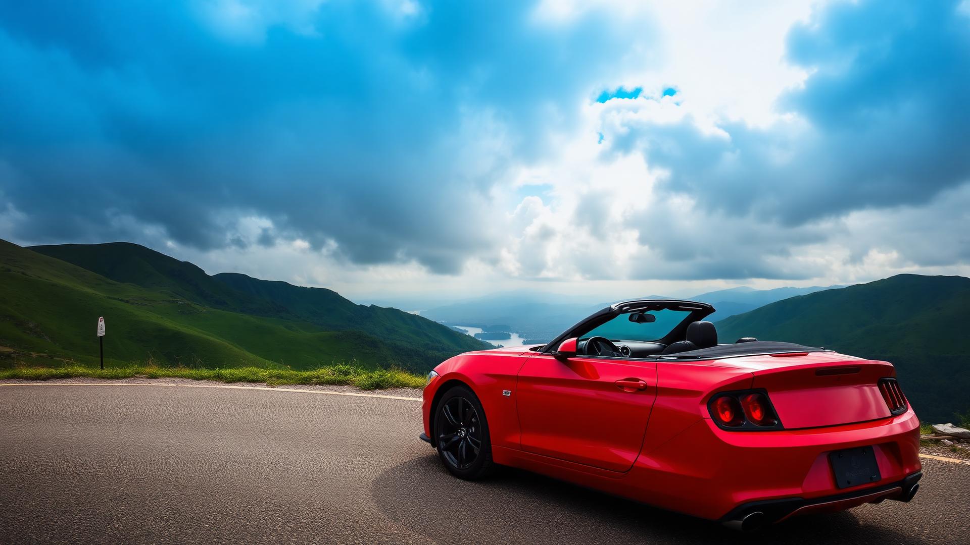 Red convertible on a scenic mountain road